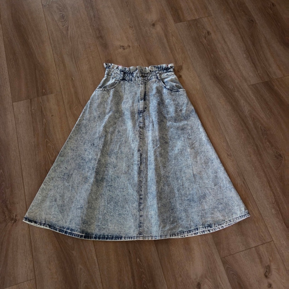 Vintage Rayo of California Acid Wash Denim Paperbag Midi Skirt Bandana Trim 80s - Picture 2 of 7